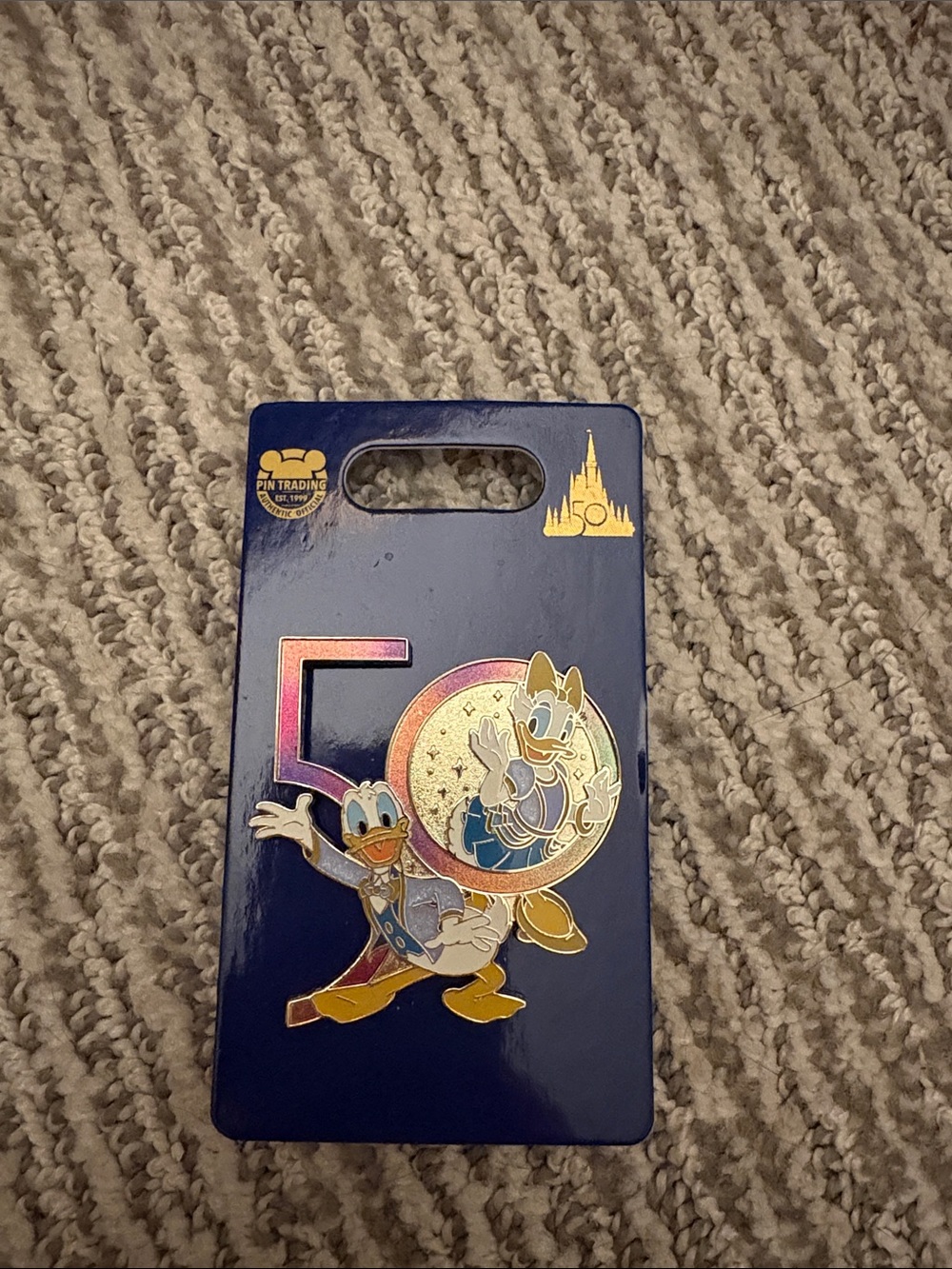Disney Donald & Daisy 50th Anniversary Iridescent Gold Enamel Pin on Navy Card